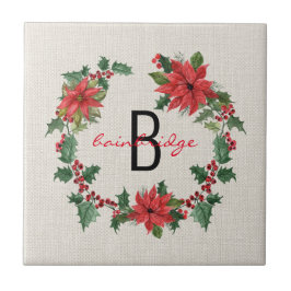 Rustikale Poinsettia & Holly Wreath Mit Monogramm Fliese
