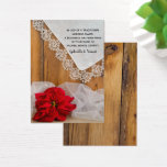Rustikale Poinsettia Winter Wedding Wohltätigkeit<br><div class="desc">Üben Sie eine Hochzeitsfreundlichkeit, wenn Sie die informelle und elegante Spendenkarte in der Umgebung Ihrer Gäste arrangieren. Die charmante Rustikale Poinsettia und Lace Country Winter Wedding Wohltätigkeit Fvor Card Staaten, die anstelle eines traditionellen Gastgeschenks, eine Spende in ihrem Namen für die Wohltätigkeit gemacht wurde. Passen Sie es an, indem Sie...</div>