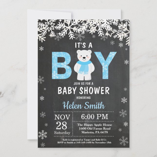 Rustikale Polar Bear Winter Boy Baby Dusche Einladung (Vorderseite)