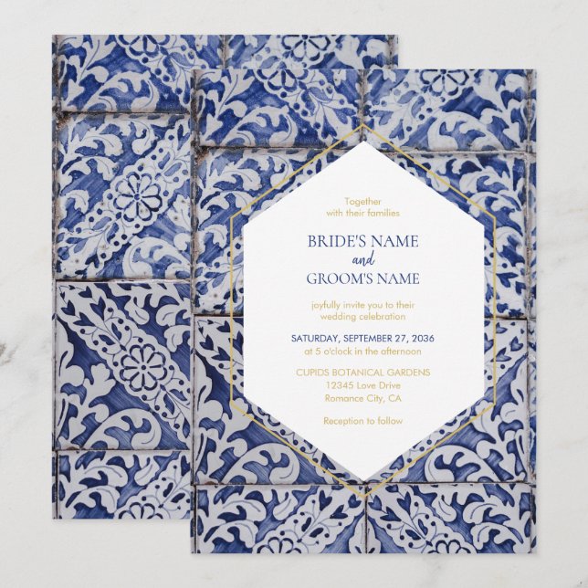 Rustikale portugiesische Tiles Hochzeitseinladunge Einladung (Vorne/Hinten)