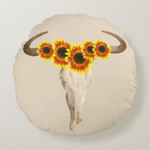 Rustikale Prairie Kuh Skull & Sunblumen Rundes Kissen
