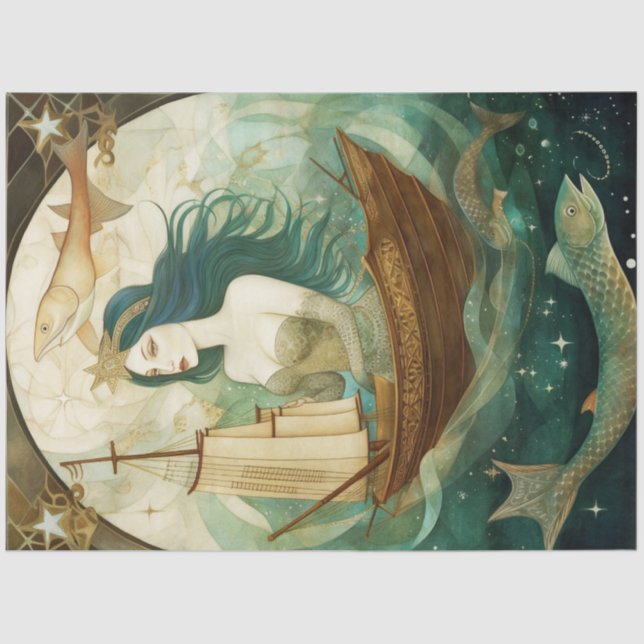 Rustikale primitive Frau mit dekoupage an Fischen Seidenpapier (Vorderseite)