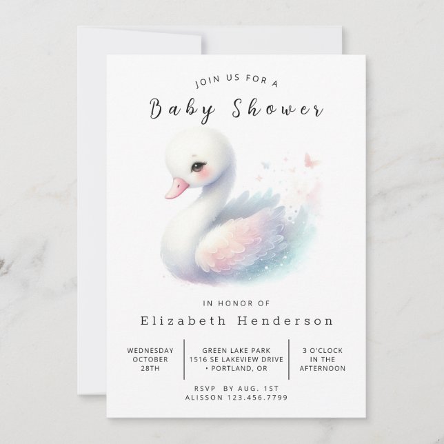 Rustikale Printable Swan Baby Dusche Einladung (Vorderseite)