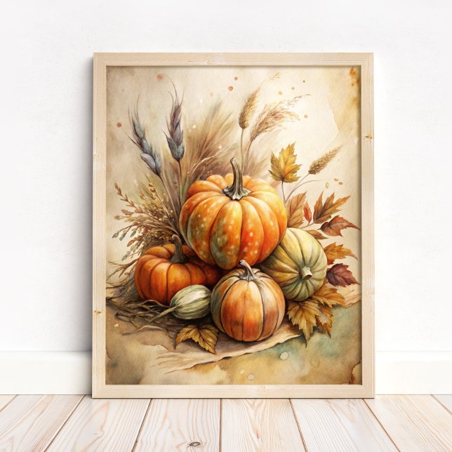 Rustikale Pumpkin & Autumn Leaves Boho Fall Mauer Poster (Rustic Pumpkin & Autumn Leaves Boho Fall Wall Art in a neutral wooden frame on the floor)