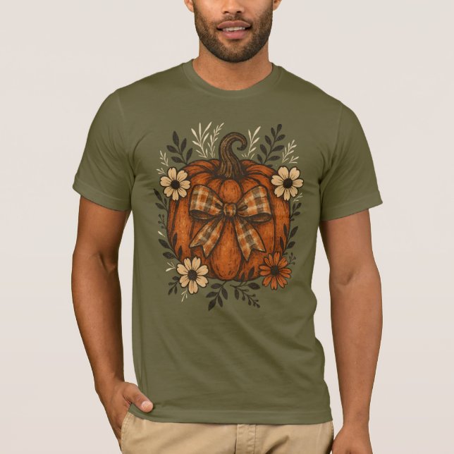 Rustikale Pumpkin mit Karierten Bow & Fall-Blume T-Shirt (Vorderseite)