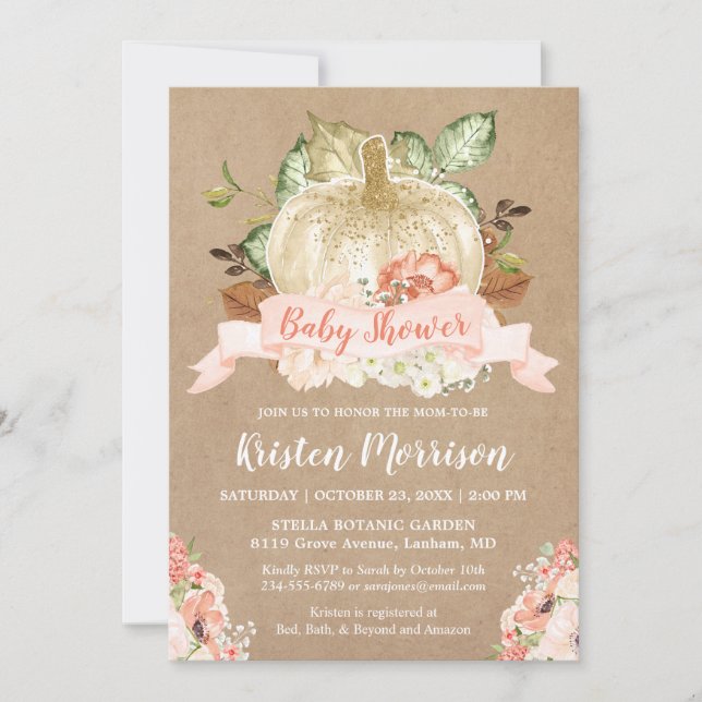 Rustikale Pumpkin Peach Floral Fall Baby Dusche Einladung (Vorderseite)