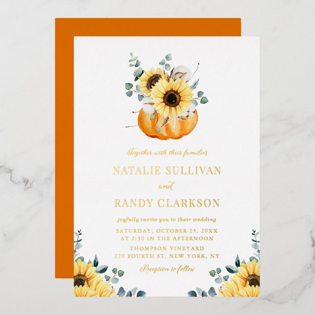 Rustikale Pumpkin und Sonnenblumen Hochzeit im Her Folieneinladung (Vorderseite/Rückseite)