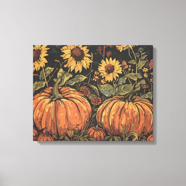 Rustikale Pumpkins und Sonnenblumen - Herbstkunstd Leinwanddruck (Vorderseite)