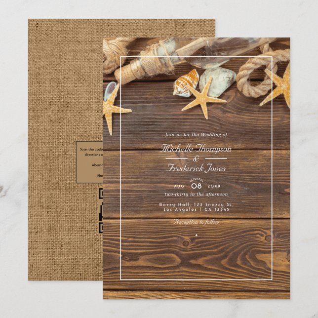Rustikale QR-Code-RSVP-Strandhochzeit Einladung (Vorne/Hinten)