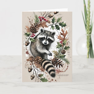 Rustikale Raccoon Pine Cones Holly Berries Acorns  Feiertagskarte