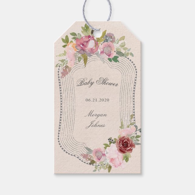 rustikale Rahmen florale Babydusche Monogramm Gesc Geschenkanhänger (Vorderseite)