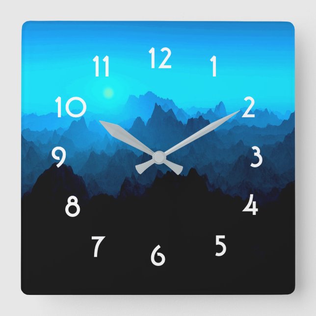 Rustikale, raue, blaue Jagdgebirge Landschaft Quadratische Wanduhr (Vorderseite)