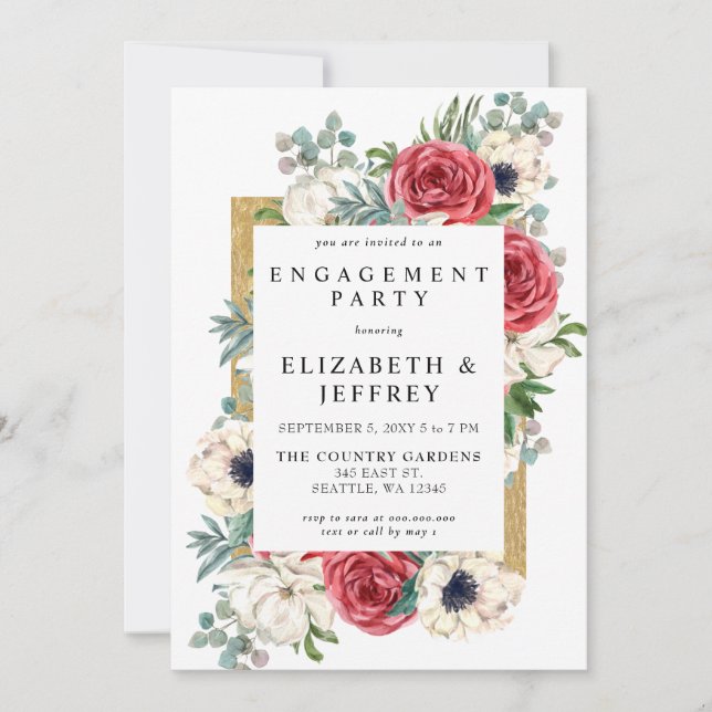 Rustikale Red and Gold Floral Engagement Party Einladung (Vorderseite)