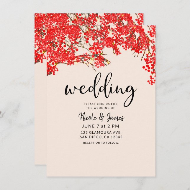 Rustikale Red Berries Berry Tree Branches Wedding Einladung (Vorne/Hinten)