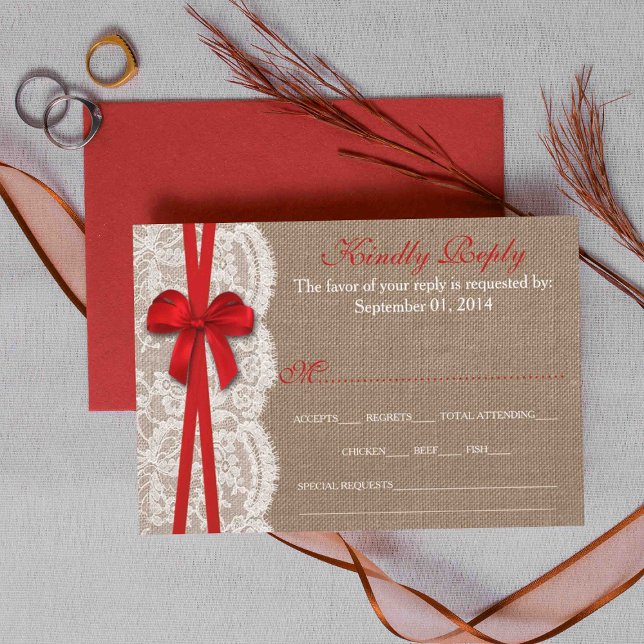 Rustikale Red Bow Wedding Collection RSVP Cards Karte (Von Creator hochgeladen)