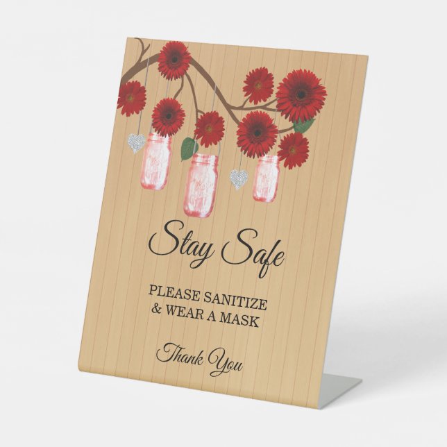 Rustikale Red Floral Mason Jars Hochzeitsicherheit Sockelschild (Vorderseite)
