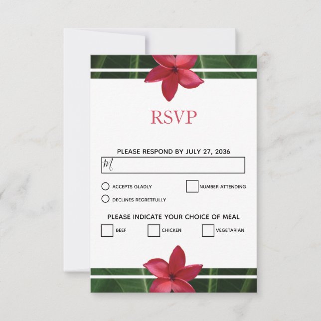 Rustikale Red Frangipani Plumeria RSVP Cards Karte (Vorderseite)