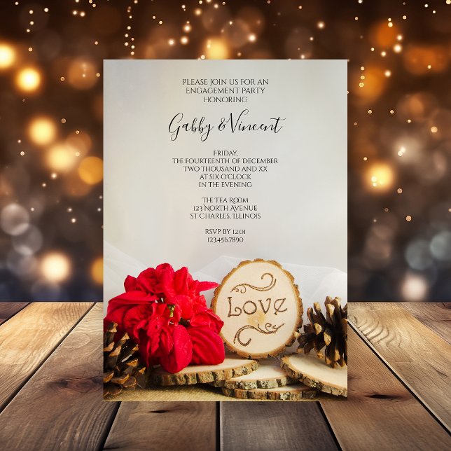 Rustikale Red Poinsettia Woodland Engagement Party Einladung (Perfect inspo for your rustic wintery engagement celebration event)