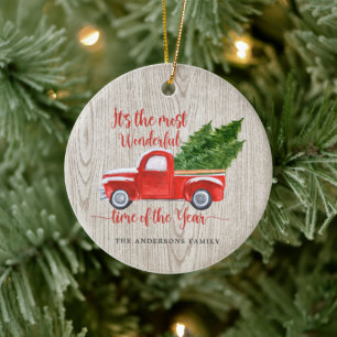 Rustikale Red Truck Weihnachtsbaumfamilie Keramik Ornament