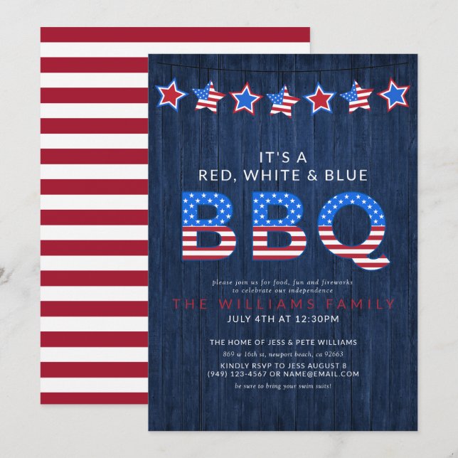 Rustikale Red White & Blue GRILLEN Wood 4. Juli Einladung (Vorne/Hinten)