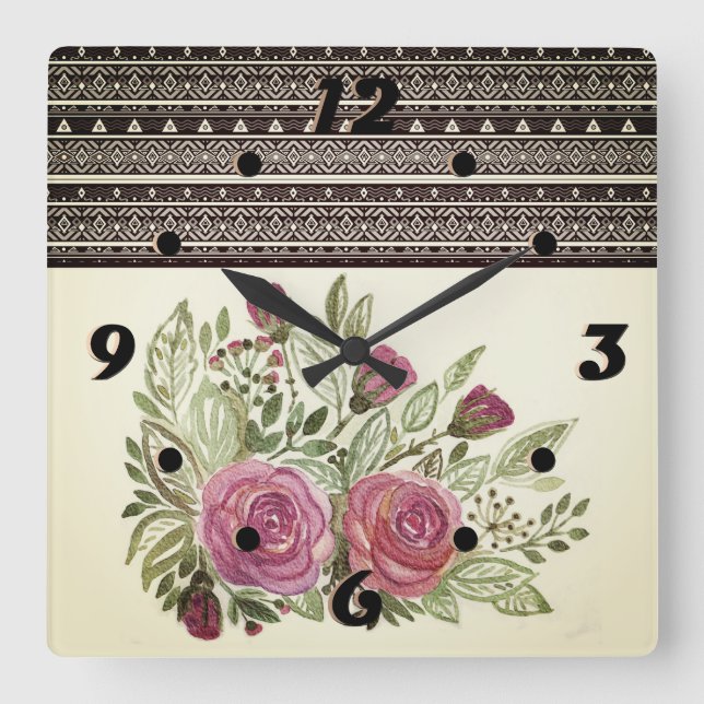 Rustikale Retrobeige Sepia Aquarellfarbe Blume rot Quadratische Wanduhr (Vorderseite)