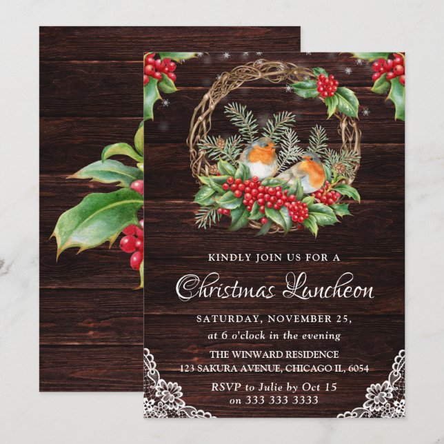 Rustikale Robins & Holly Wreath Weihnachtsessen Einladung (Vorne/Hinten)