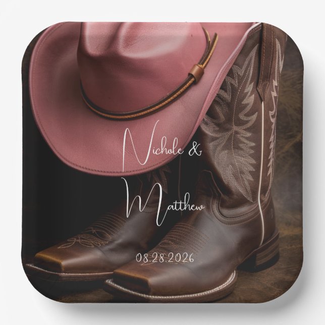 Rustikale Romantik: Cowboy Boots & Rose Hat Weddin Pappteller (Vorderseite)