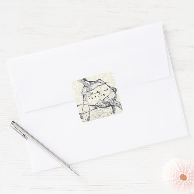Rustikale Romantik Hummingbird Kiss Love Bird Wedd Quadratischer Aufkleber (Umschlag)