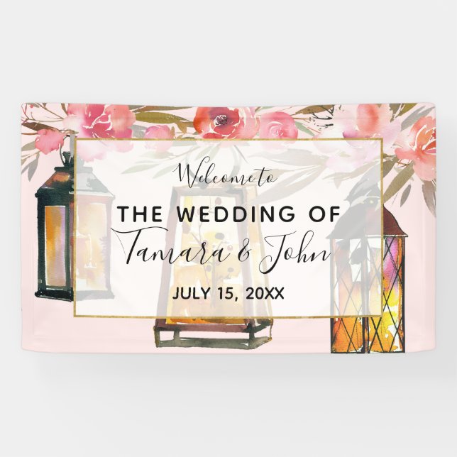 Rustikale Romantik Lanterns Rose Gold Wedding Banner (Horizontal)