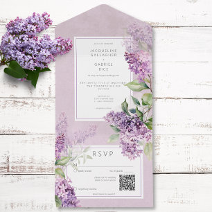 Rustikale Romantik Lila & Sage Lilacs QR Code All In One Einladung