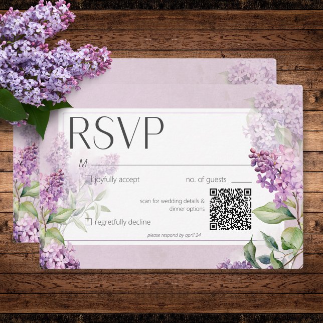 Rustikale Romantik Lila & Sage Lilacs Wedding QR RSVP Karte (Rustic Romantic Purple & Sage Lilacs Wedding QR RSVP Card)
