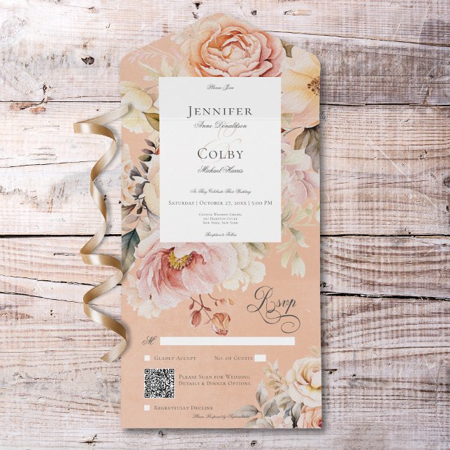 Rustikale Romantische Rose Pink & Blush QR-Code All In One Einladung (Rustic Romantic Pink & Blush Roses Peach QR Code All In One Invitation)