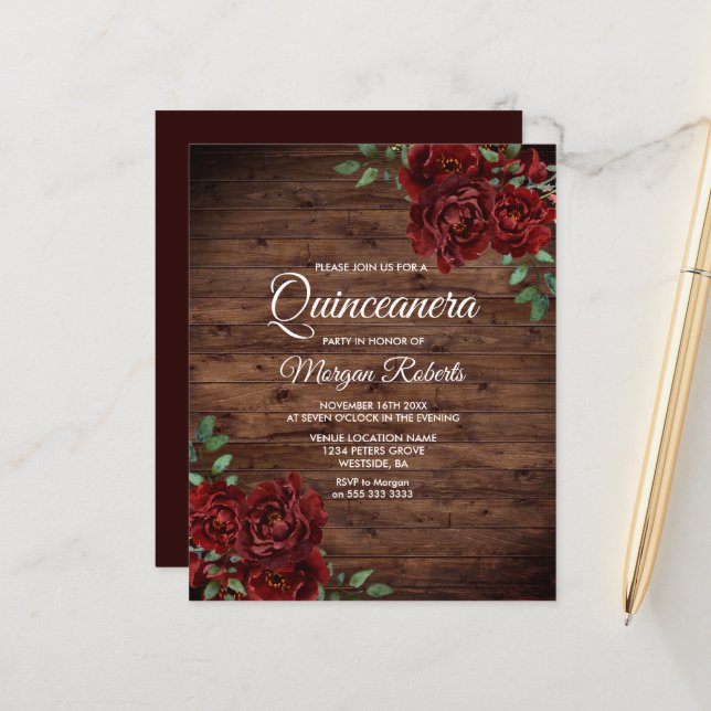 Rustikale romantische Rote Rose Quinceanera Hausha (Vorderseite/Rückseite Beispiel)