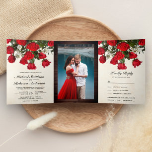 Rustikale romantische Rote Rosen Bouquet Foto Wedd Dreifach Gefaltete Einladung