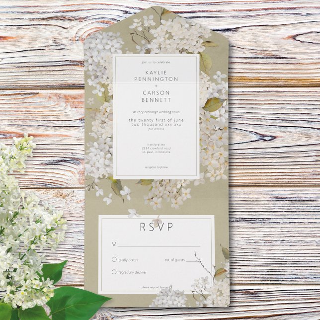 Rustikale romantische weiße Lilacs auf Sage No Din All In One Einladung (Rustic Romantic White Lilacs on Sage No Dinner All In One Invitation)