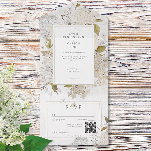 Rustikale romantische weiße Lilacs auf weißem QR-C All In One Einladung (Rustic Romantic White Lilacs on White QR Code All In One Invitation)