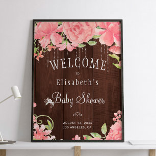 Rustikale rosa Babyparty-Willkommenskarte im flora Poster