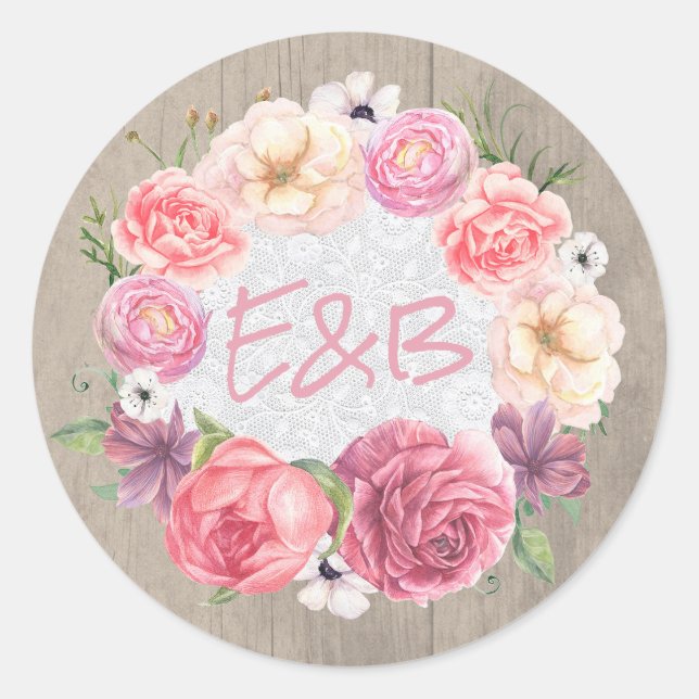 Rustikale Rosa Blume-Wreath-Hochzeit Runder Aufkleber (Vorderseite)