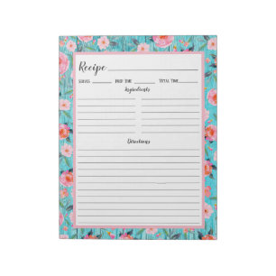 Rustikale rosa Blumen Aqua Holz Rezept Notizblock