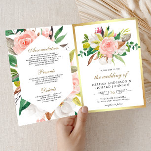 Rustikale Rosa Blumen Hochzeit mit Goldenem QR-Cod Einladung
