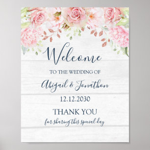 Rustikale rosa Blumen-Hochzeitsbegrüßung im Frühli Poster