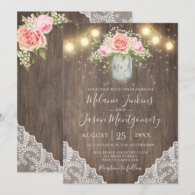 Rustikale rosa Blumen-Maurer-Glas-Spitze-Hochzeit Einladung (Vorne/Hinten)