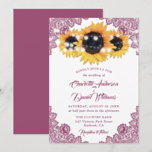 Rustikale rosa Blumen-Spitze-Sonnenblumen-Hochzeit Einladung