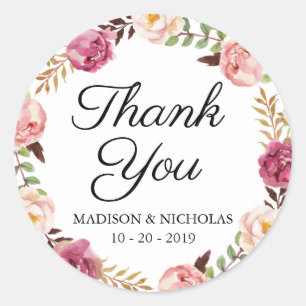 Rustikale rosa Blumenhochzeits-Aufkleber danken Runder Aufkleber