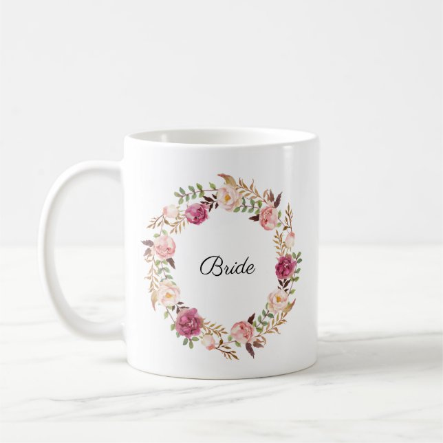Rustikale rosa Blumenhochzeits-Party-Tasse - Braut Kaffeetasse (Links)