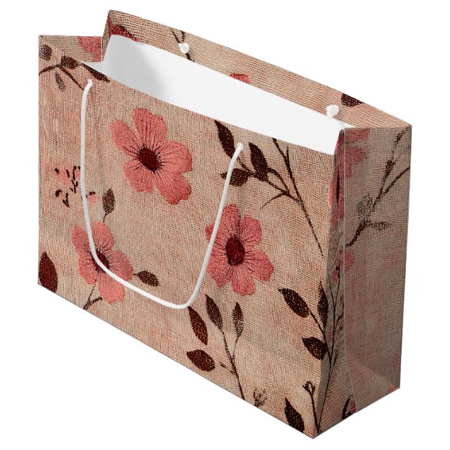 Rustikale Rosa Blumenleinwand-Muster (4) Große Geschenktüte (Vorderseite Schrägansicht)