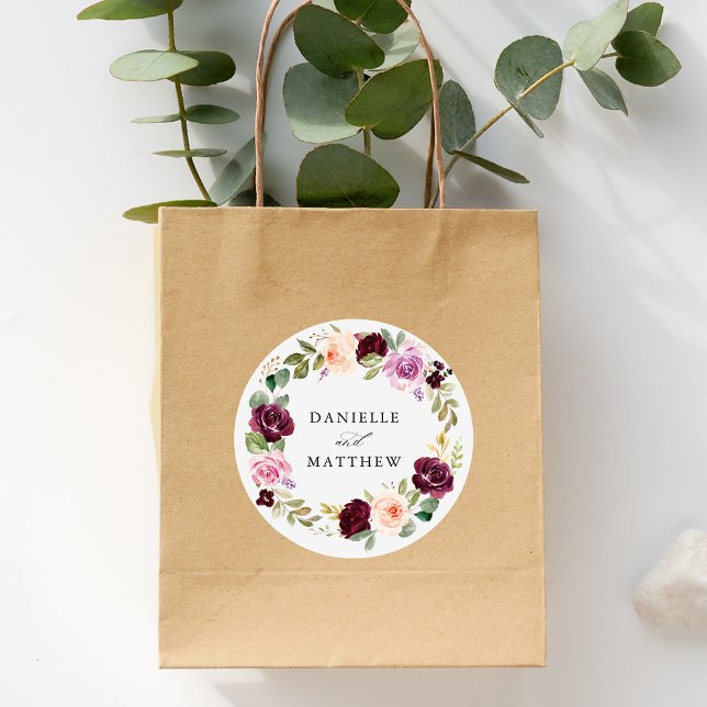 Rustikale rosa Burgund und Lila Blumenhochzeit Runder Aufkleber (Von Creator hochgeladen)