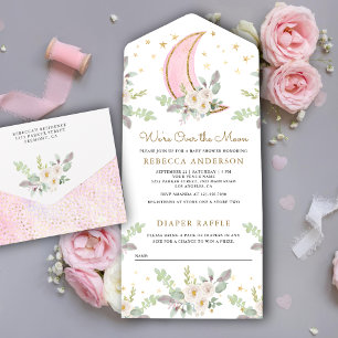 Rustikale Rosa Elfenbein Blumen Mond Baby Shower All In One Einladung