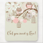 Rustikale rosa Eulen und Birdcages Mousepad<br><div class="desc">Rustikale rosa Eulen und Birdcages-Mausunterlage</div>