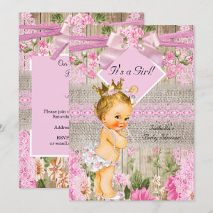 Rustikale rosa Holz-Jute Mädchen-Baby-Party Blond Einladung